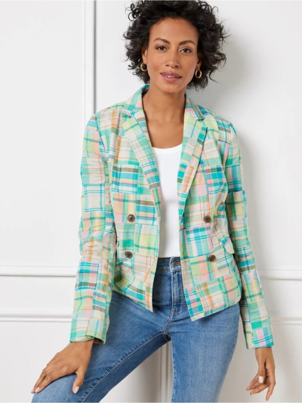 Talbots Pastel Plaid Double-Breasted Blazer - Mint Multi